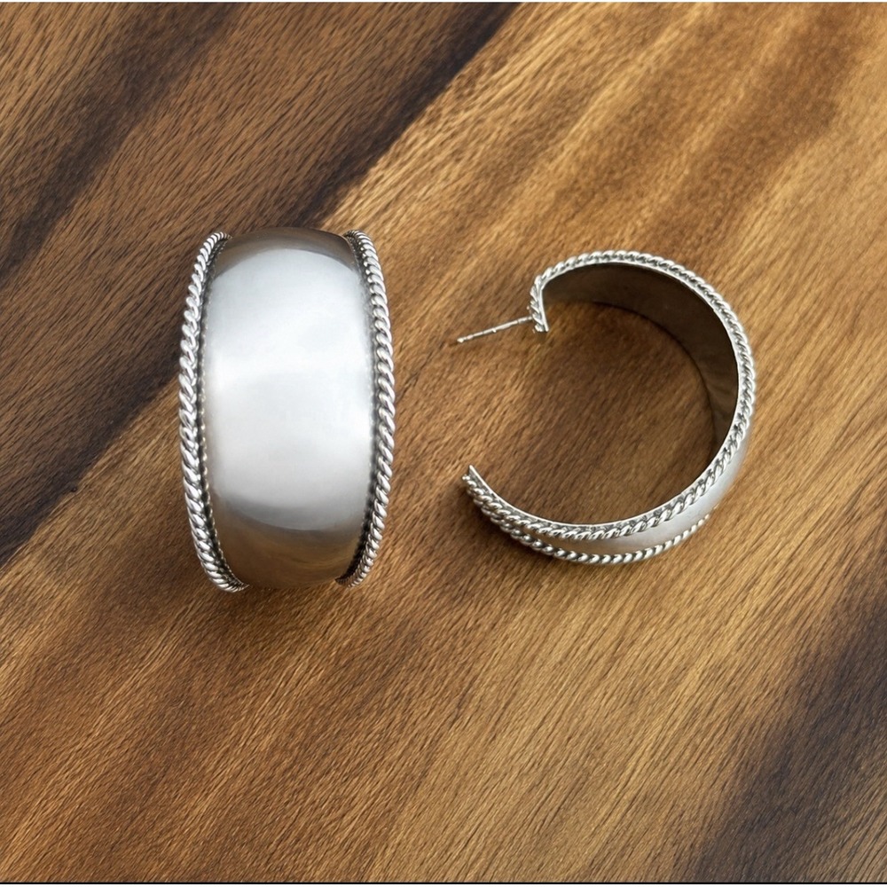 Vintage Sterling Silver 925 Wide Hoop Earrings 1 1/2" Rope Edge 20g Statement